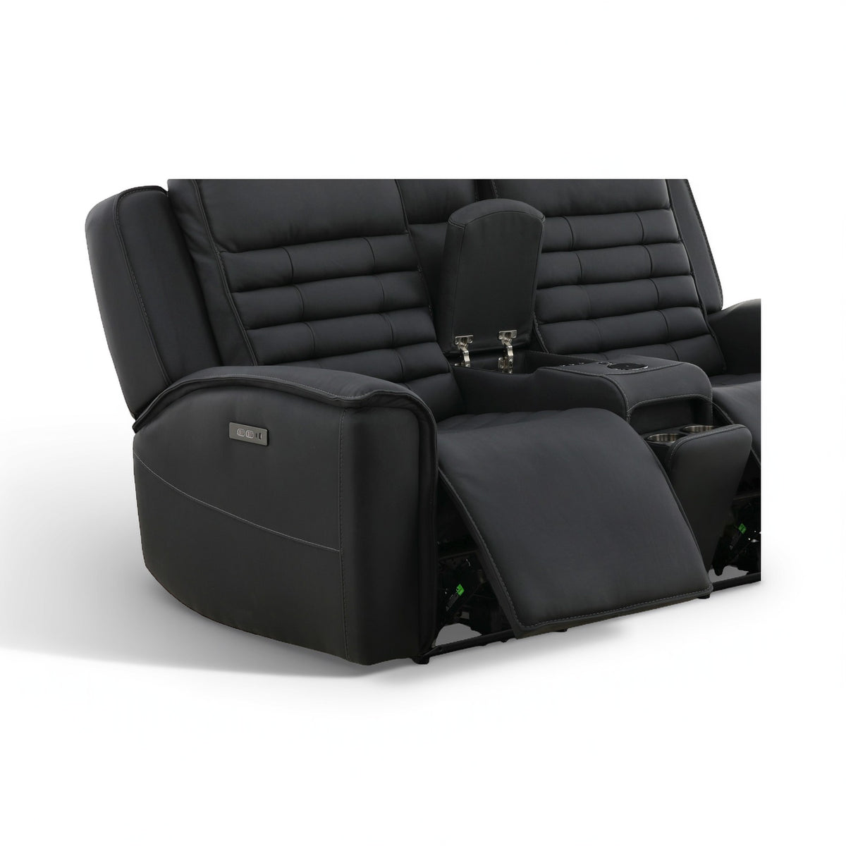 Black leather reclining loveseat with tufted back, console armrest, and cupholders