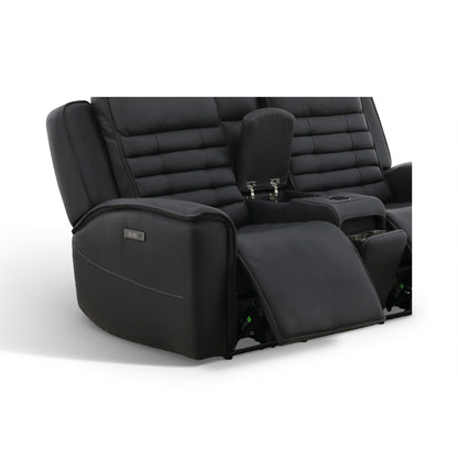 Black leather reclining loveseat with tufted back, console armrest, and cupholders