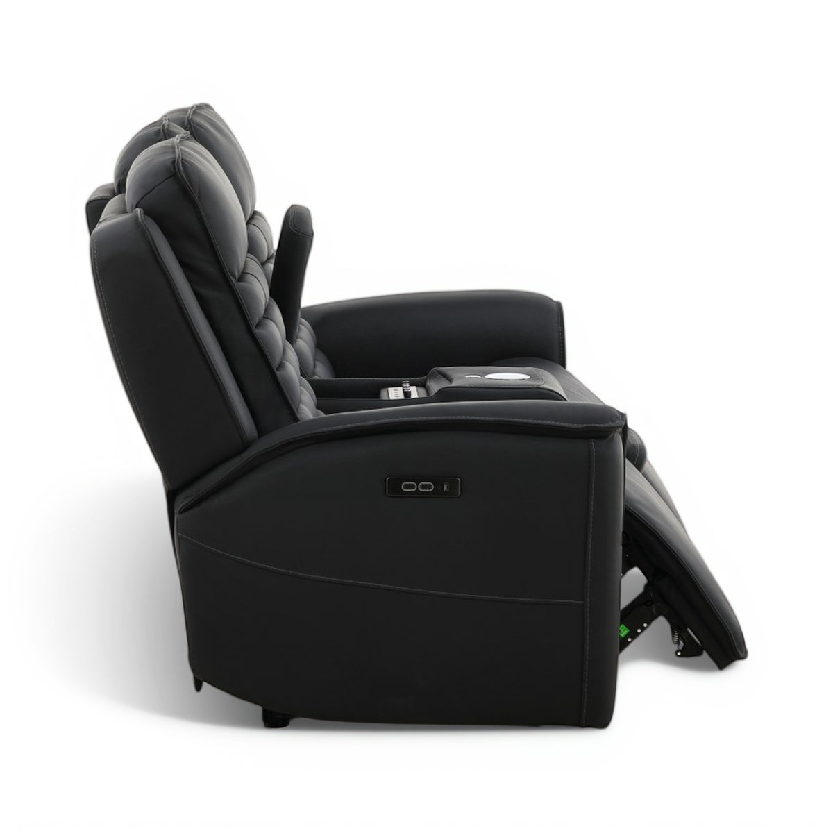 Black leather power loveseat with extended footrest and side recline mechanism