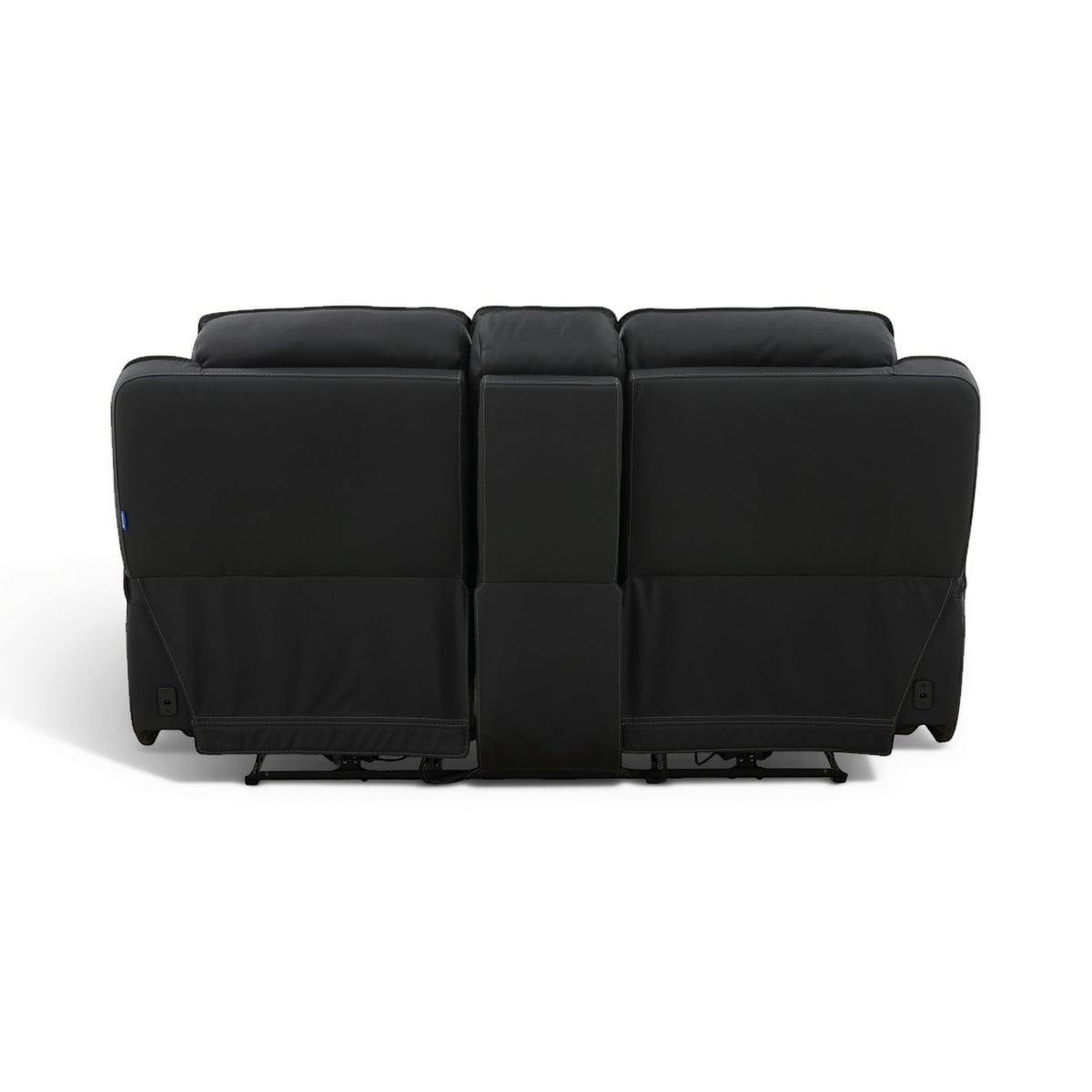 Black leather power loveseat front view with two seat backs and side recline controls