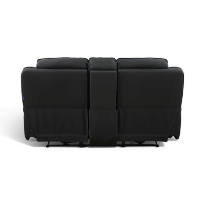 Black leather power loveseat front view with two seat backs and side recline controls