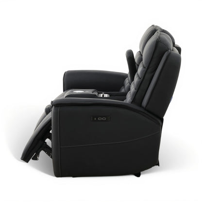 Black power recliner loveseat with curved arms and side console control panel.