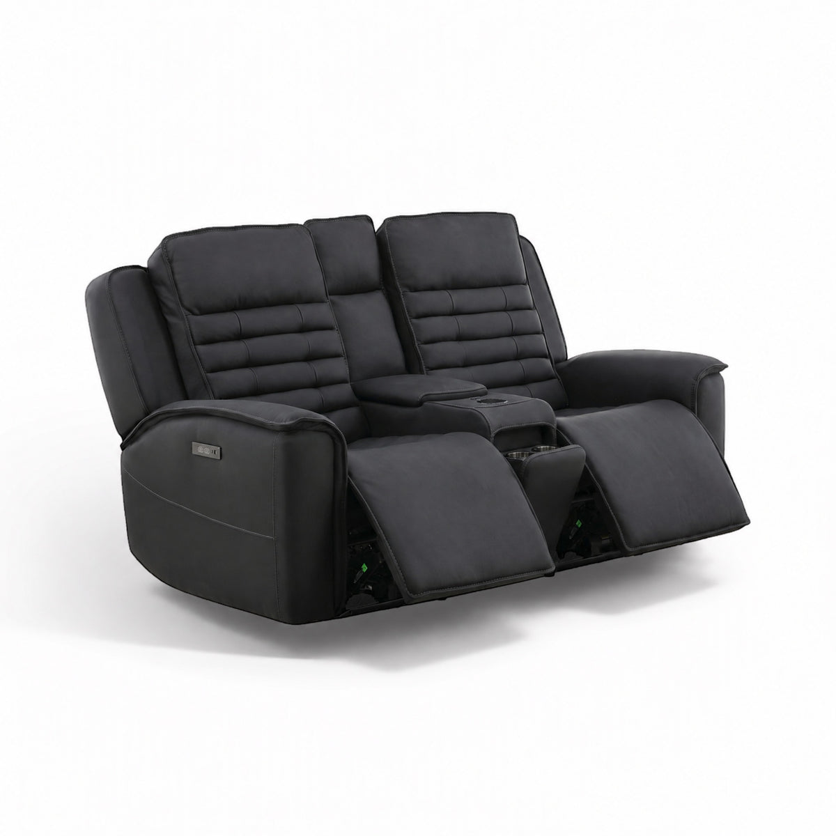 Black leather power console loveseat with padded back, wide recline seats, and armrests