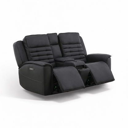 Black leather power console loveseat with padded back, wide recline seats, and armrests