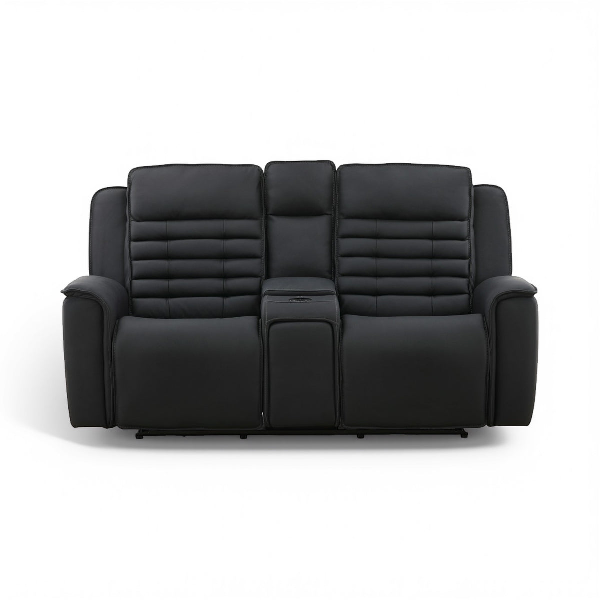 Black leather power console loveseat with upholstered recline seats and center divider