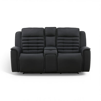 Black leather power console loveseat with upholstered recline seats and center divider