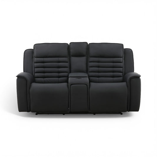 Black leather power console loveseat with upholstered recline seats and center divider