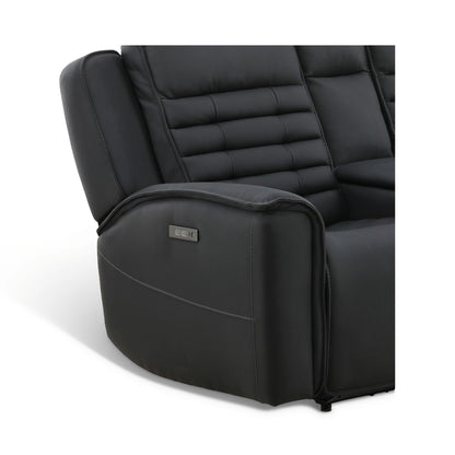 Black leather loveseat power recliner arm with stitched side panel and control label