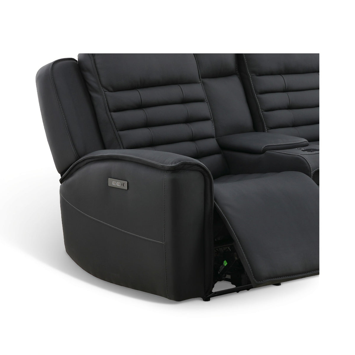 Black leather loveseat close-up of side bolster, console armrest, and recline footrest