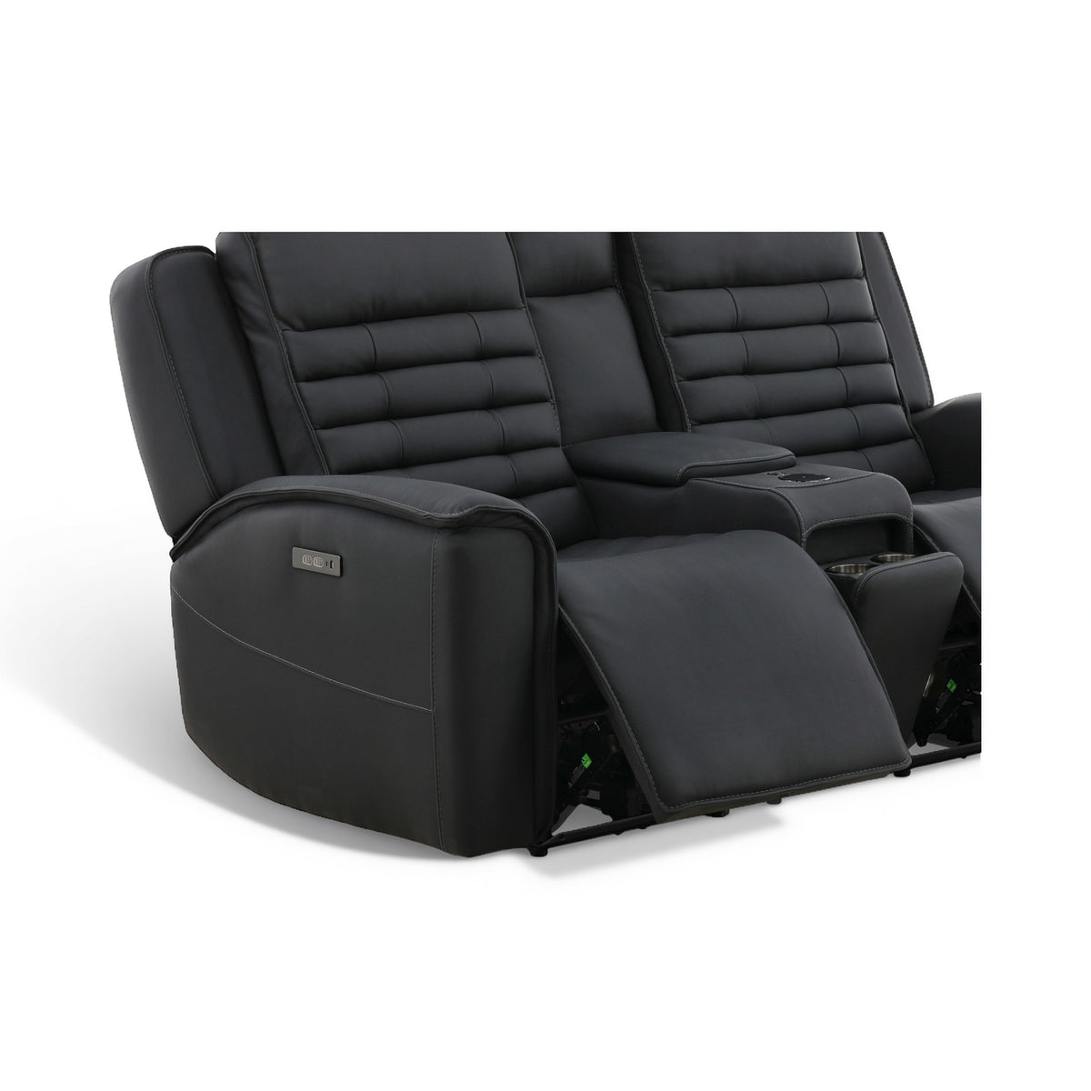 Black leather power loveseat with console storage, adjustable recline footrest, and tufted back