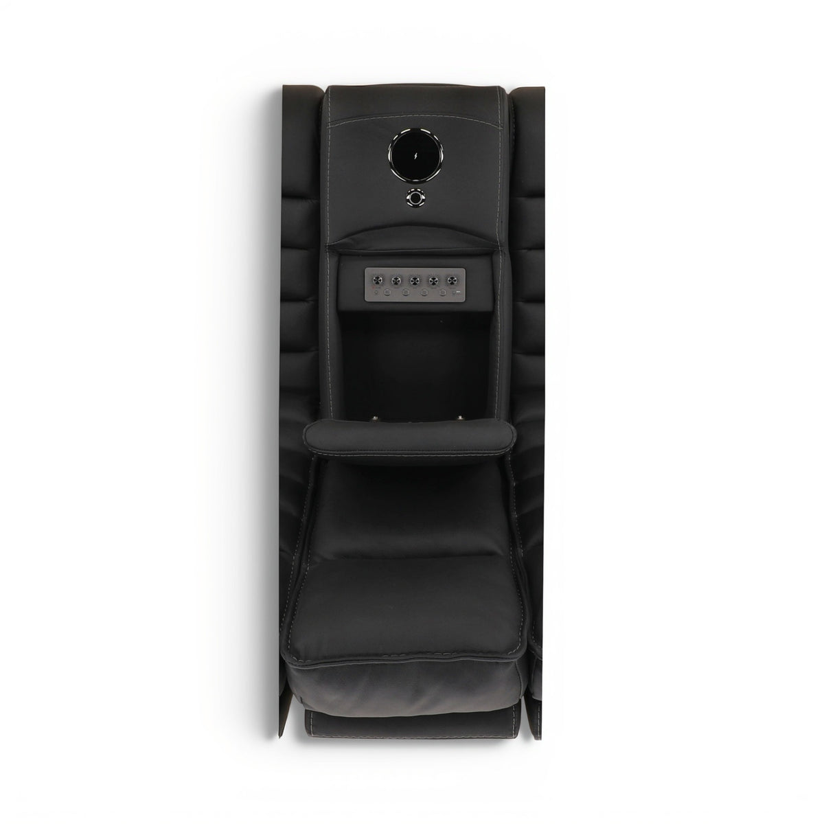 Black leather power console loveseat with built-in console panel and padded seat area.