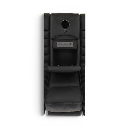 Black leather power console loveseat with built-in console panel and padded seat area.