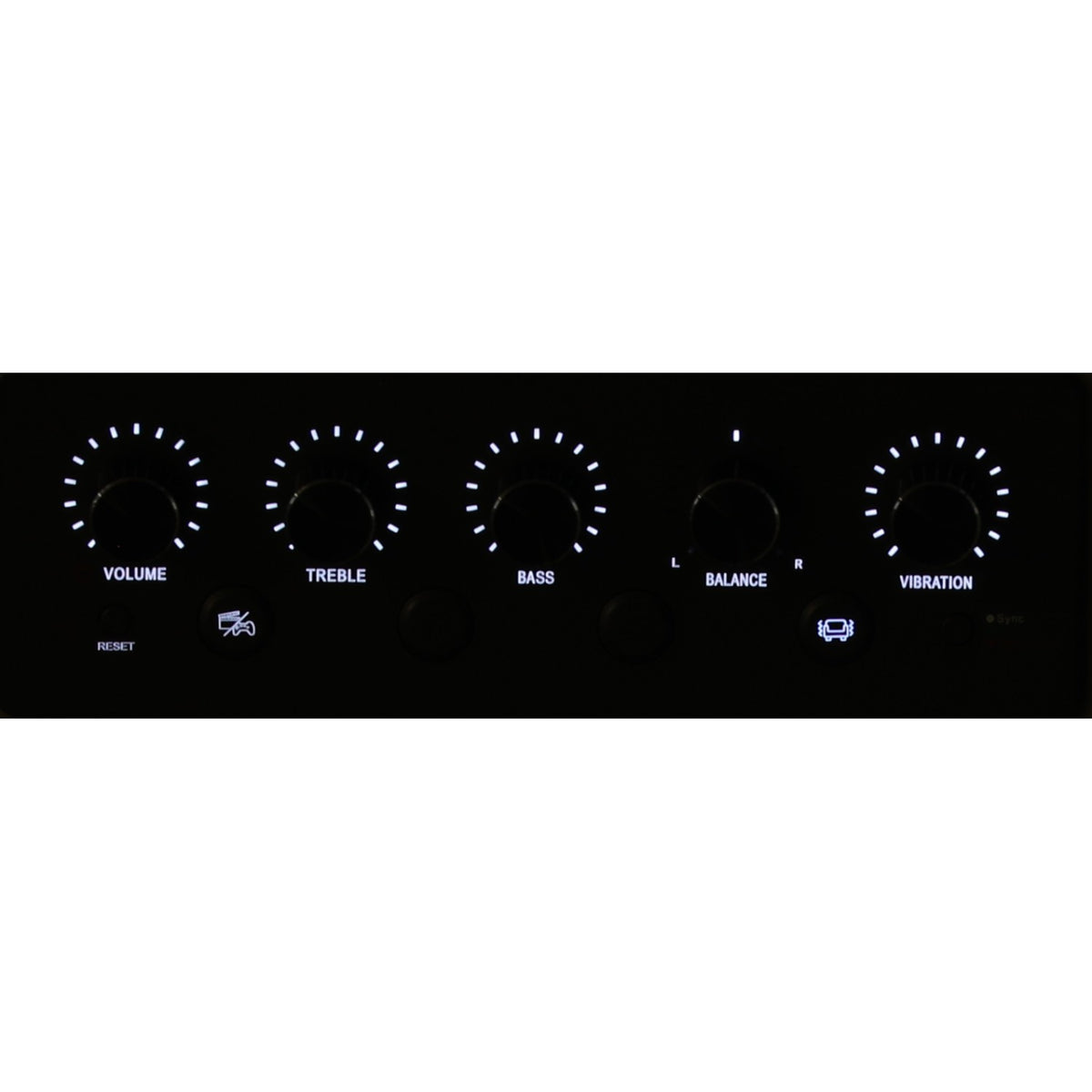 Black control panel with illuminated audio knobs labeled volume, treble, bass, balance.