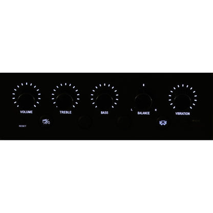 Black control panel with illuminated audio knobs labeled volume, treble, bass, balance.