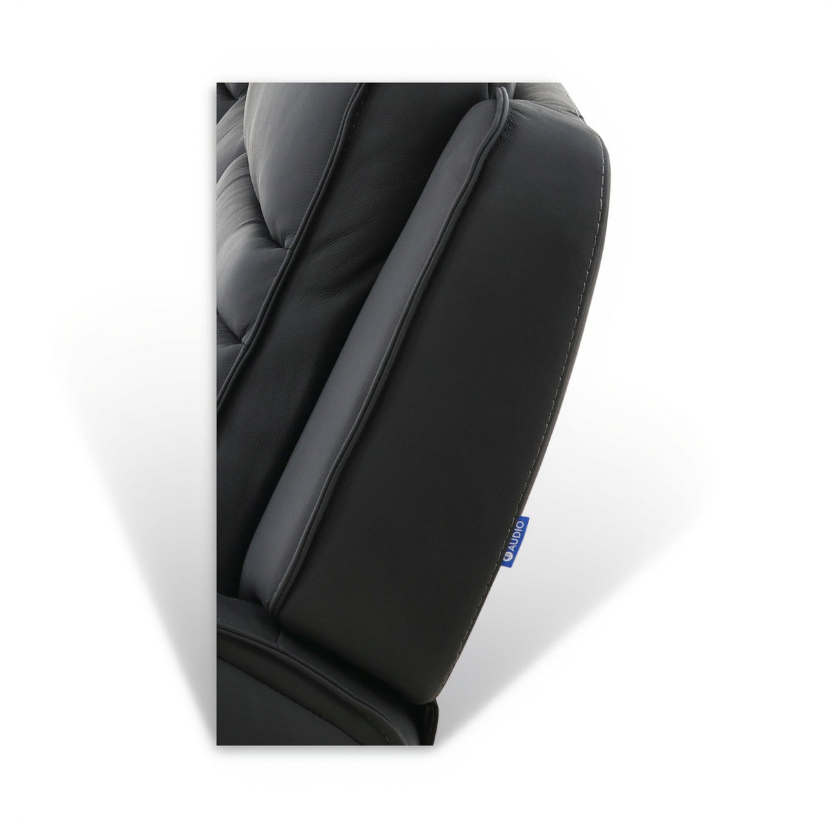 Black leather power loveseat armrest and side panel with padded stitching