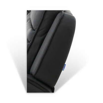 Black leather power loveseat armrest and side panel with padded stitching