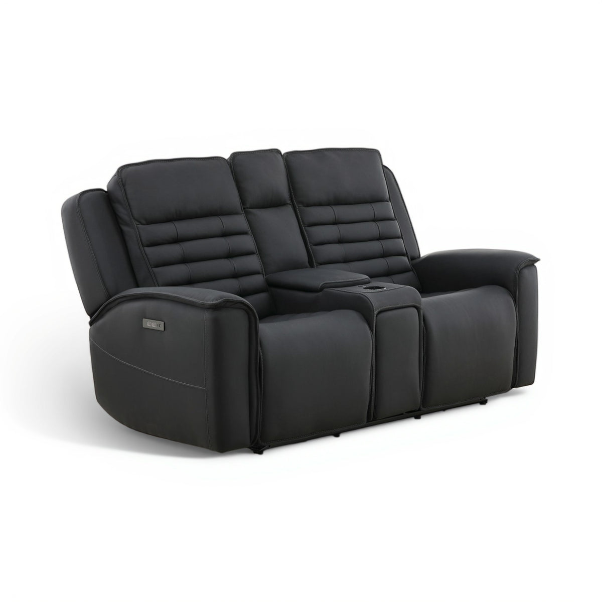Black leather power console loveseat angled view with center console and footrests