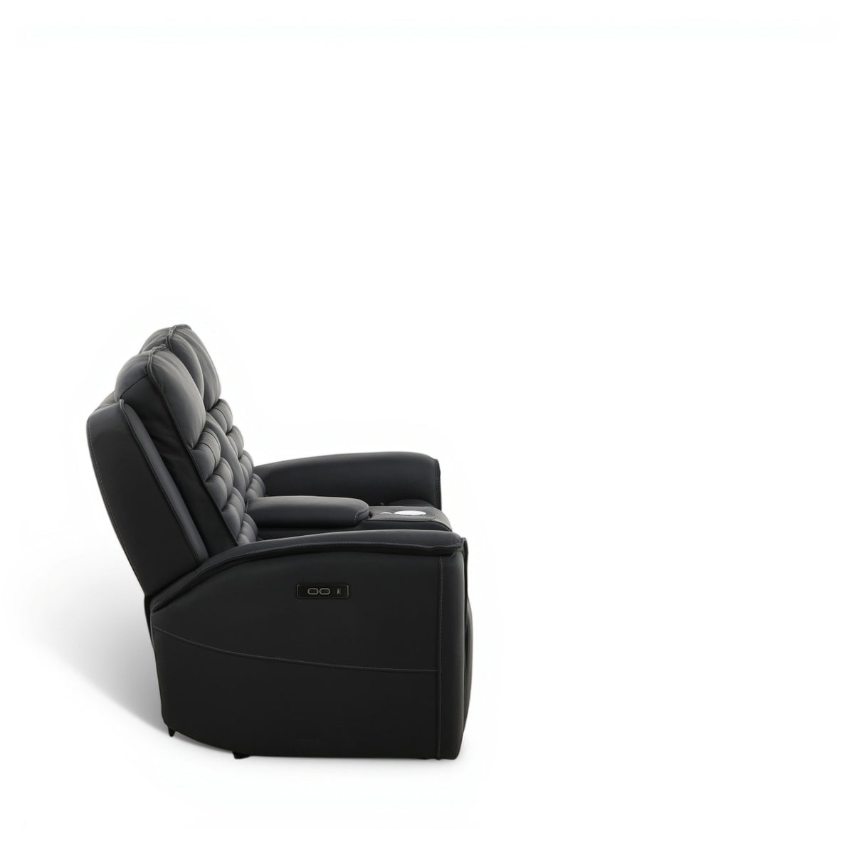 Black leather power loveseat angled view with extended footrest and tufted headrest