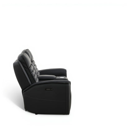 Black leather power loveseat angled view with extended footrest and tufted headrest