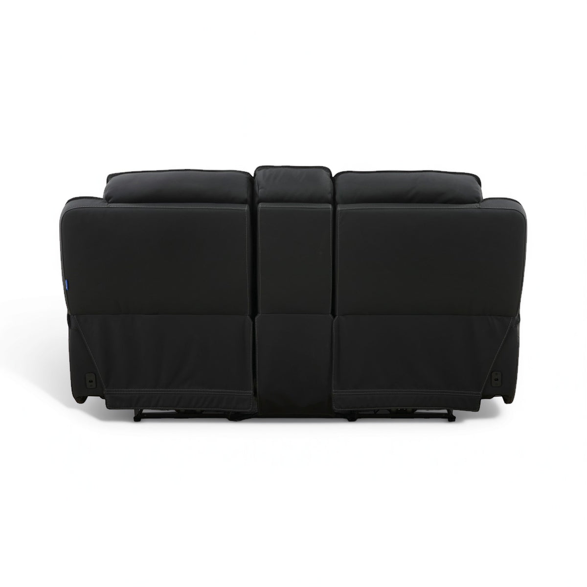 Black leather power console loveseat with three-seat padded back and armrests.