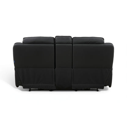 Black leather power console loveseat with three-seat padded back and armrests.