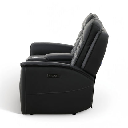 Black leather power console loveseat side view with extended footrest and arm controls