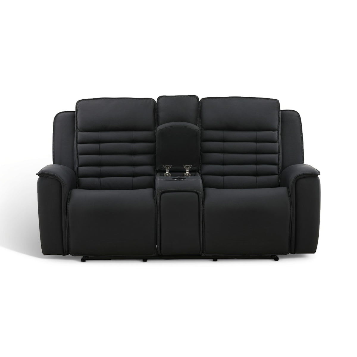Black leather power console loveseat front view with center console controls