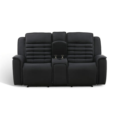 Black leather power console loveseat front view with center console controls