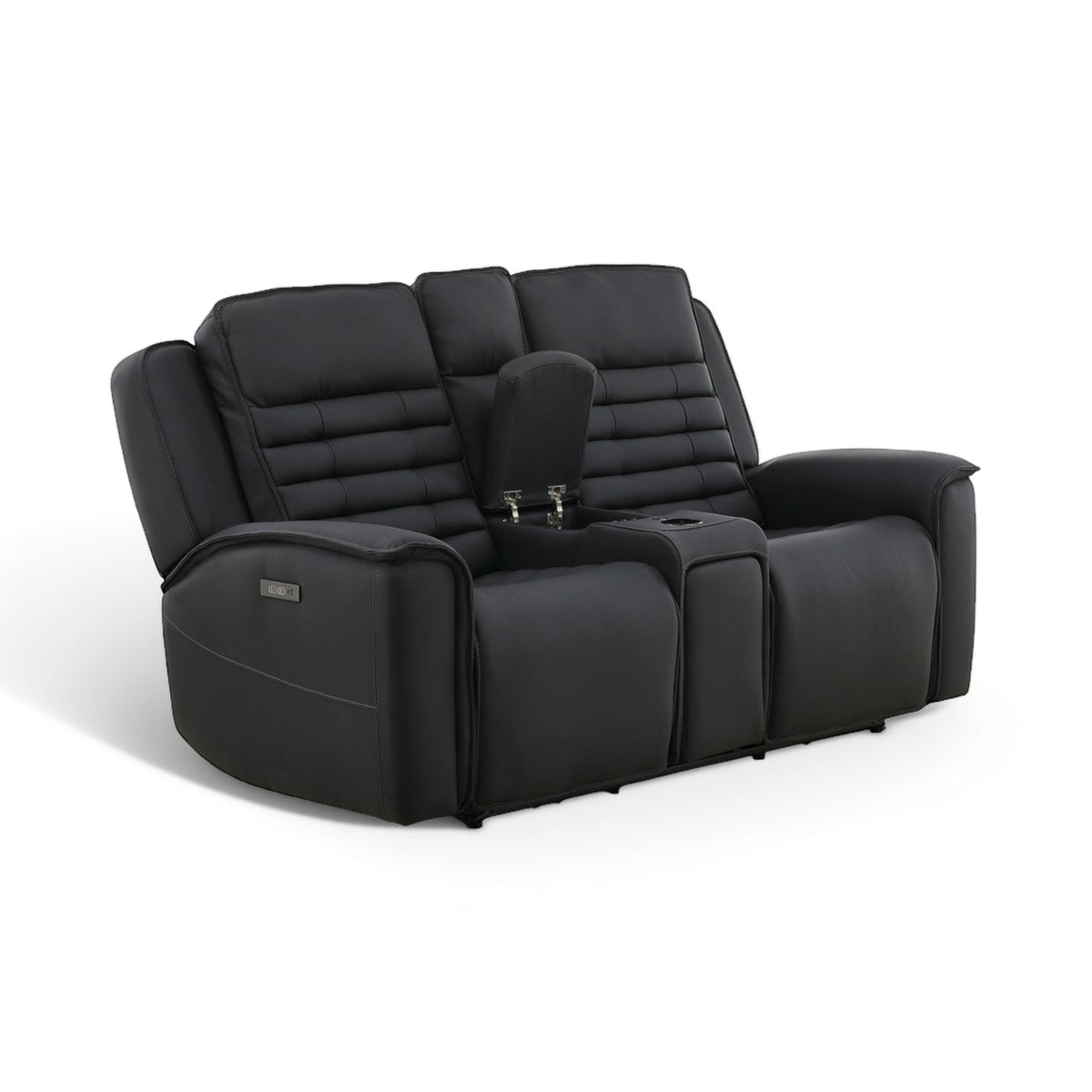 Black leather power loveseat with console armrest, padded headrest, and recline settings