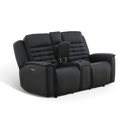Black leather power loveseat with console armrest, padded headrest, and recline settings