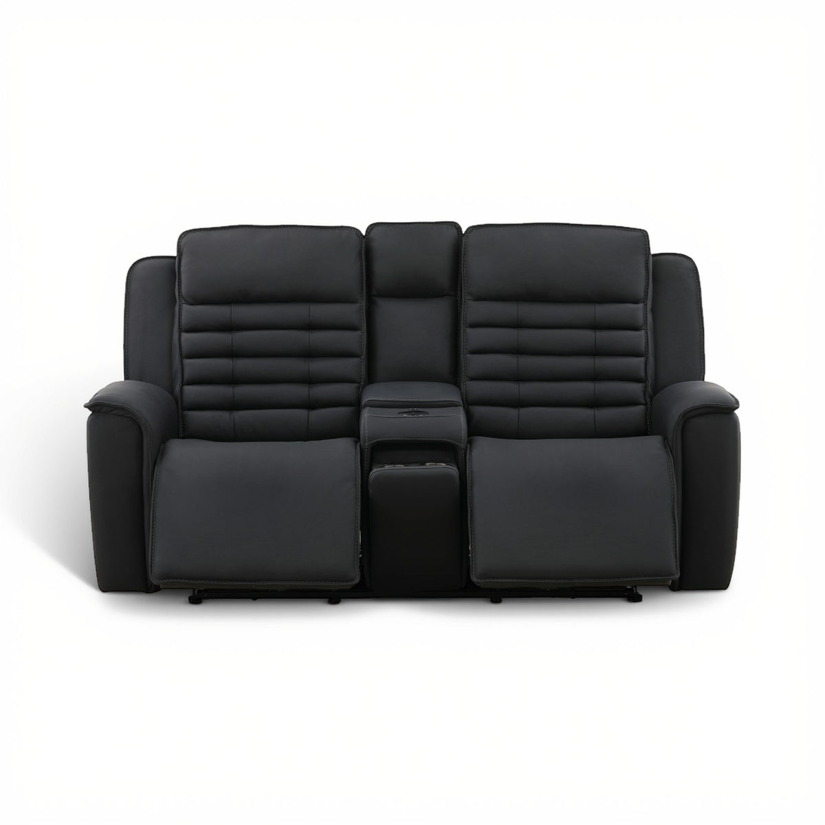 Black leather power console loveseat with three-panel back and center console