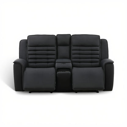 Black leather power console loveseat with three-panel back and center console