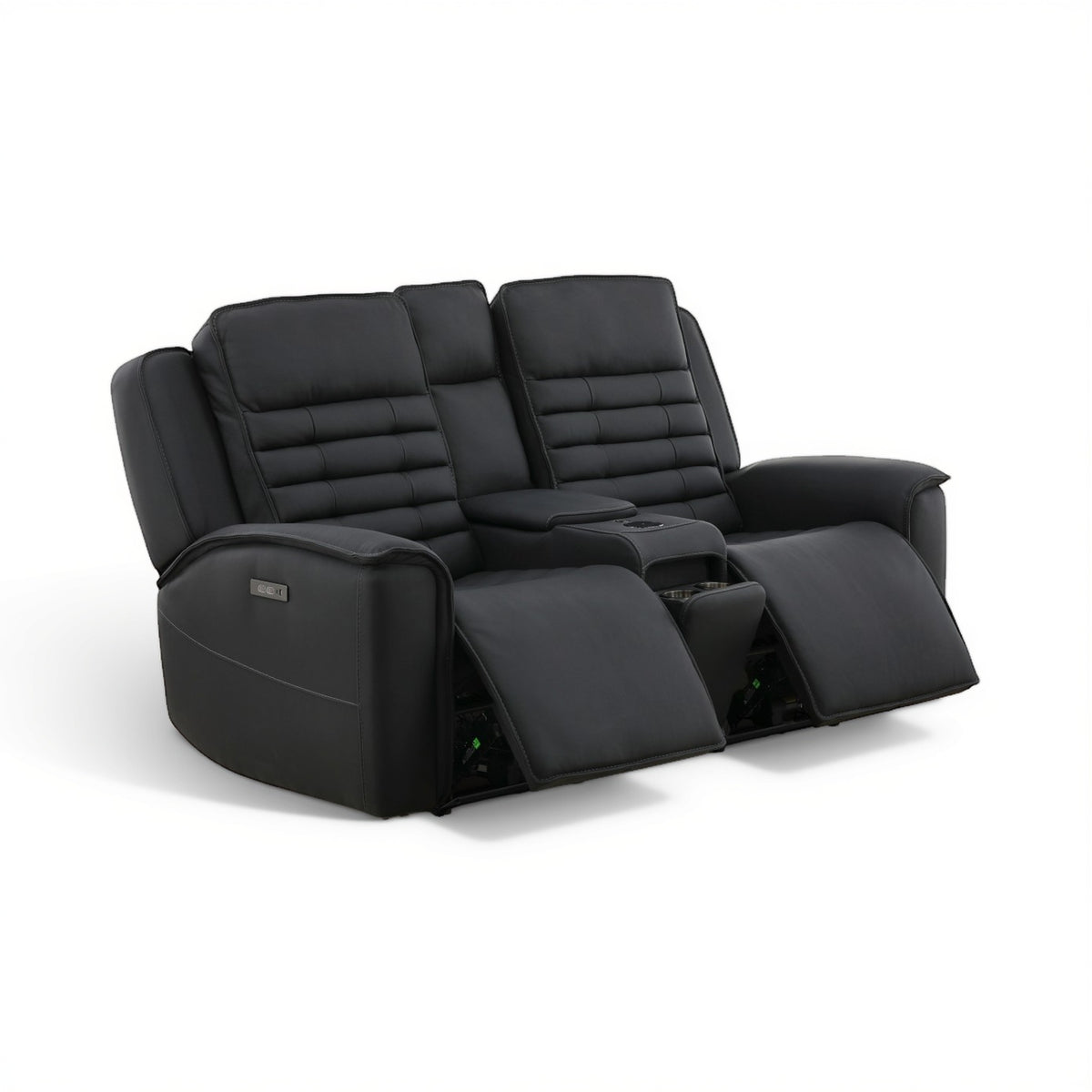 Black leather power console loveseat angled view with center console and open footrest