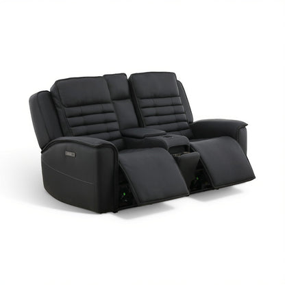 Black leather power console loveseat angled view with center console and open footrest