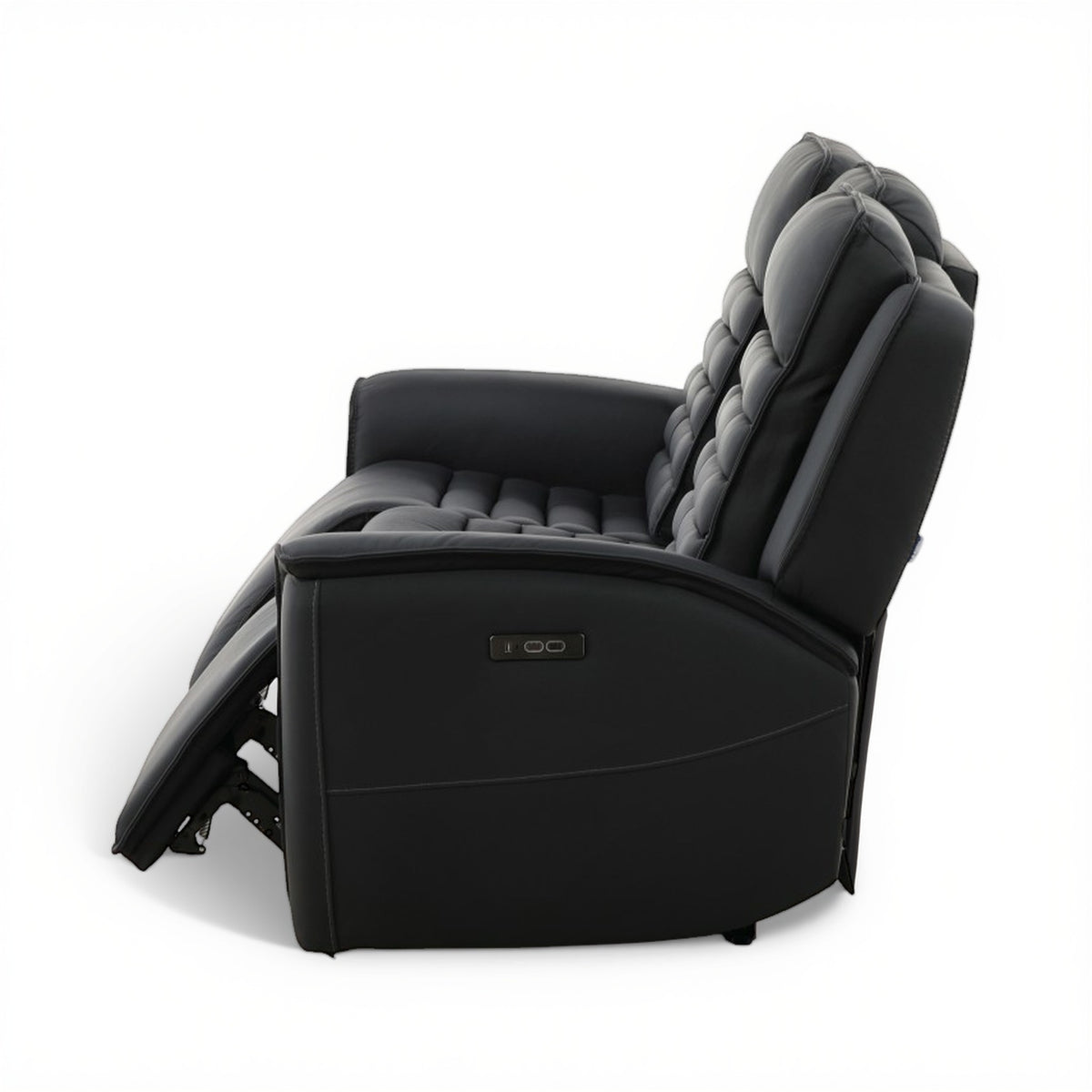 Power reclining sofa chair with dark leather look and padded armrest, side view