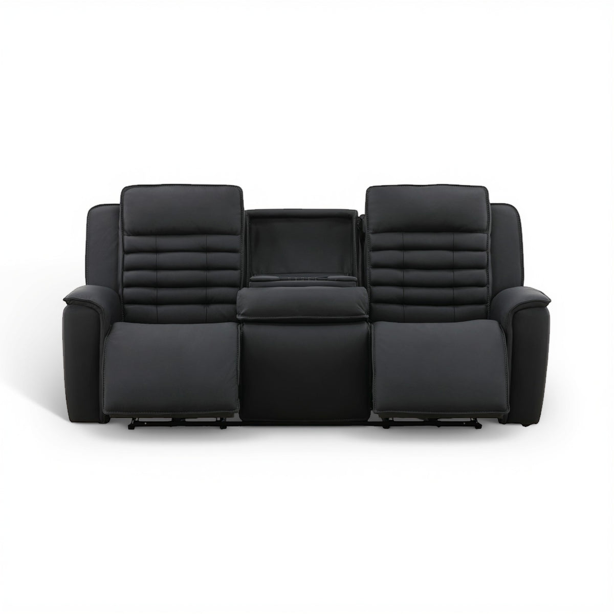 Black power reclining sofa with center fold seat panel and tufted back sections
