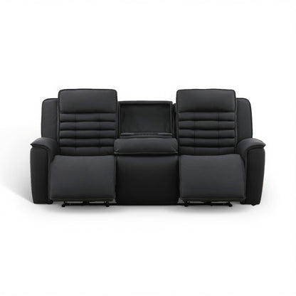 Black power reclining sofa with center fold seat panel and tufted back sections