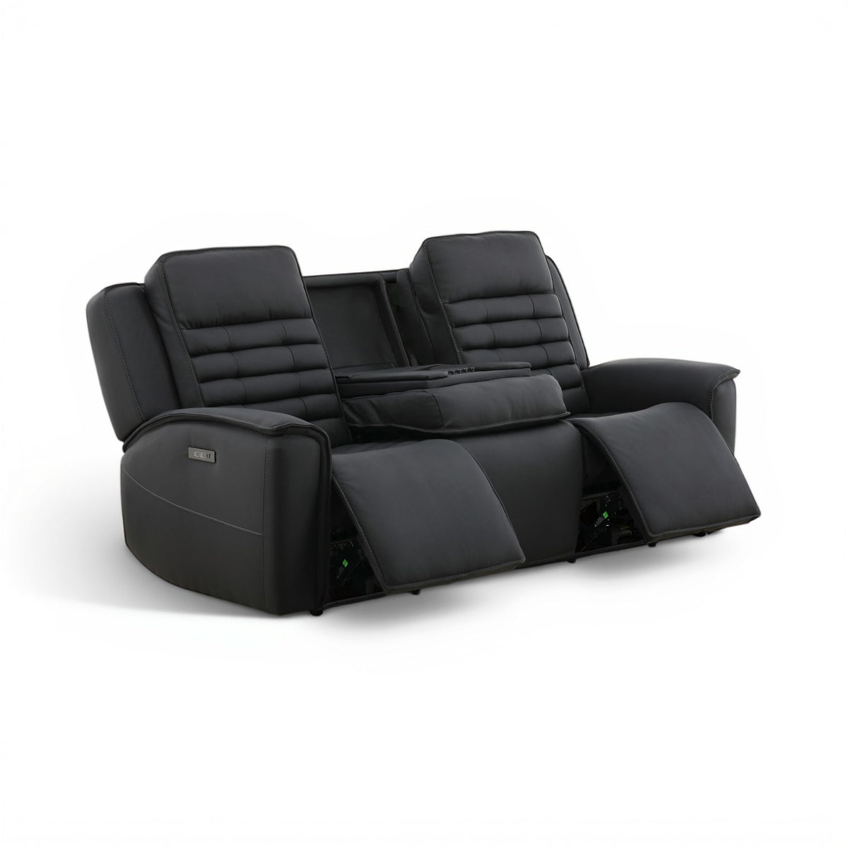 Black power reclining sofa with reclined seats and visible extended footrests