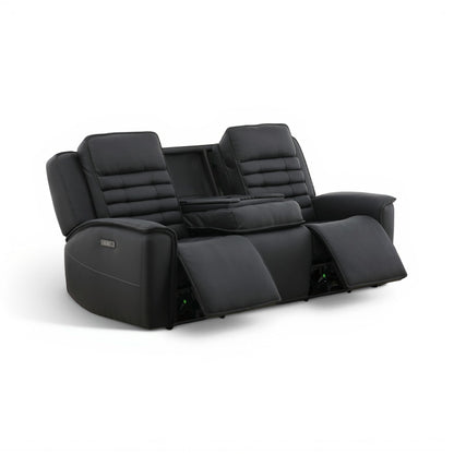 Black power reclining sofa with reclined seats and visible extended footrests