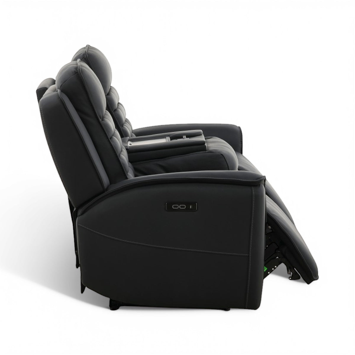 Black power reclining sofa chair in reclined position with side leg rest extended