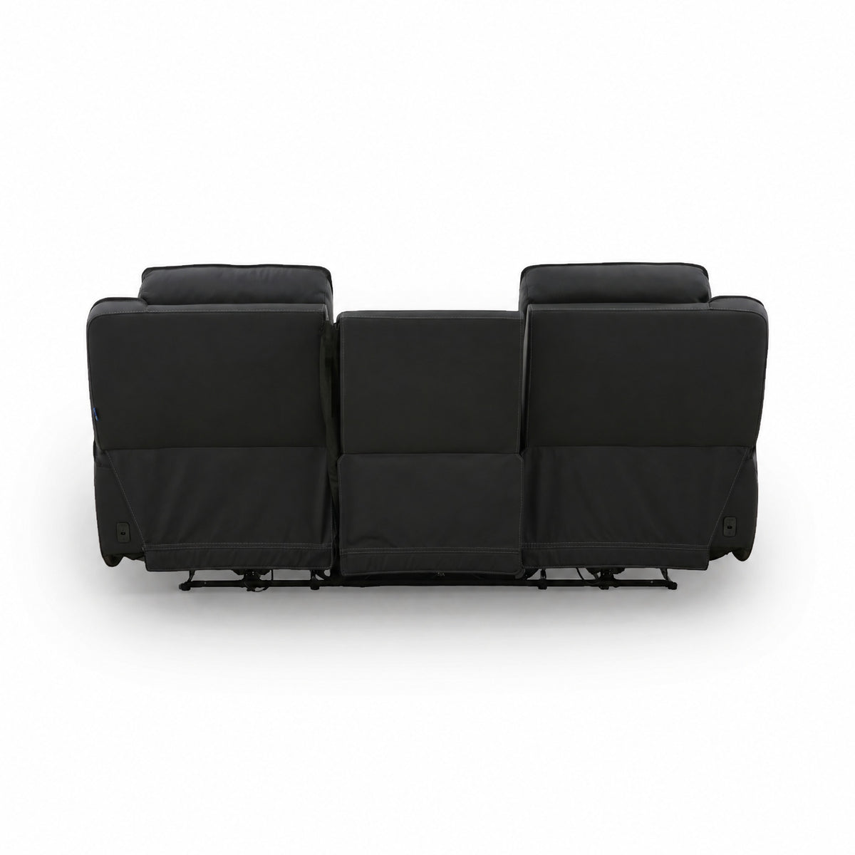 Black leather power reclining sofa, three-seat style with padded armrests and footrest bases.