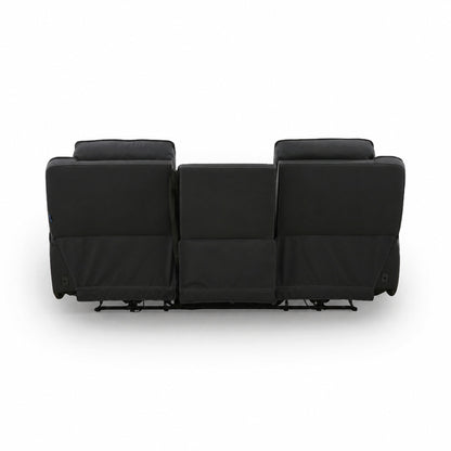 Black leather power reclining sofa, three-seat style with padded armrests and footrest bases.