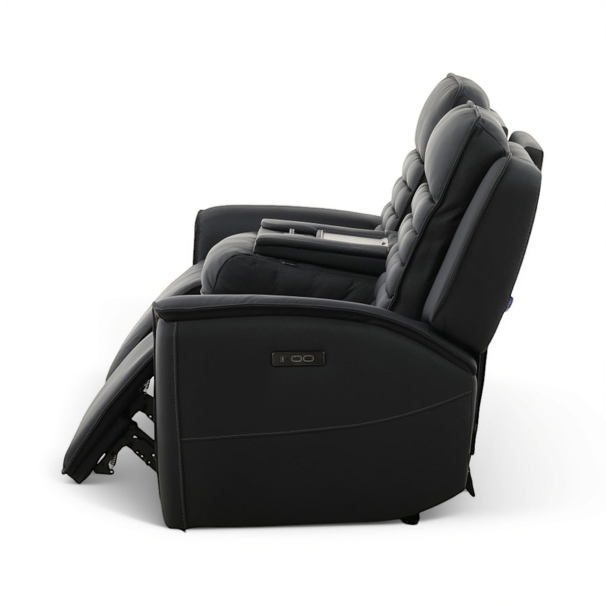 Black power reclining sofa chair with reclined armrest, padded back, and side control panel