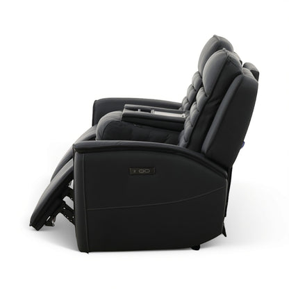 Black power reclining sofa chair with reclined armrest, padded back, and side control panel