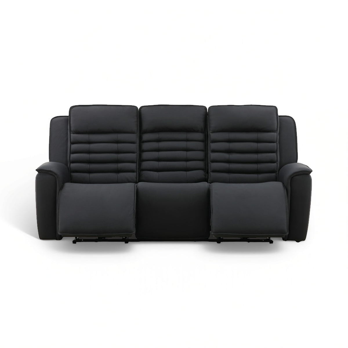 Black three-seat power reclining sofa with quilted back panels and wide padded arms