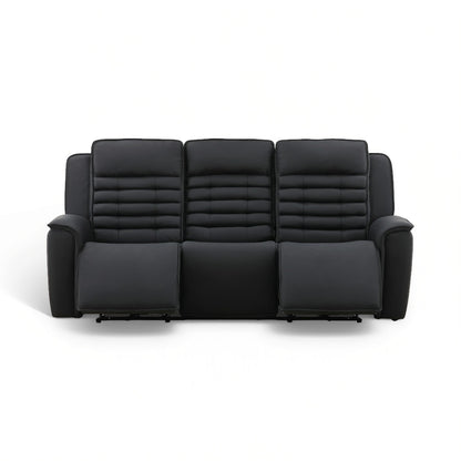 Black three-seat power reclining sofa with quilted back panels and wide padded arms