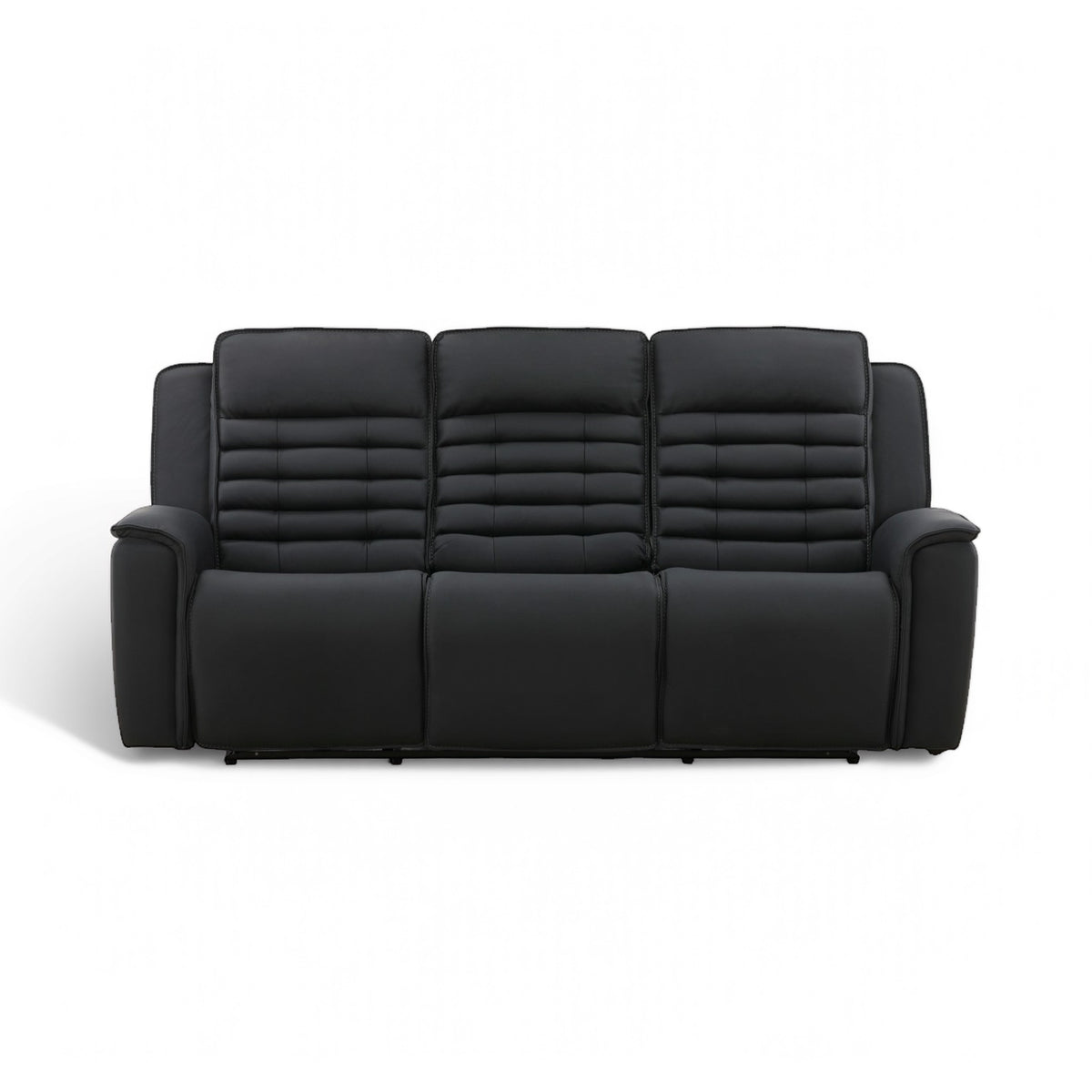 Black three-seat power reclining sofa with quilted back cushions and padded armrests
