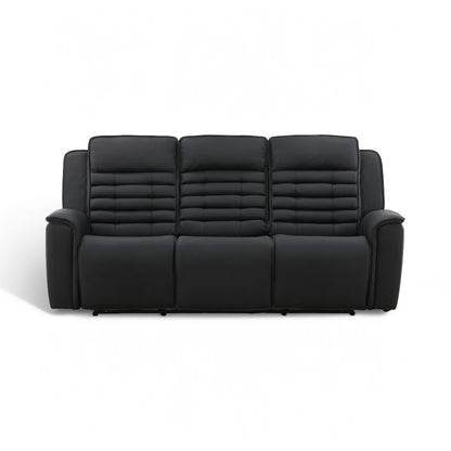 Black three-seat power reclining sofa with quilted back cushions and padded armrests