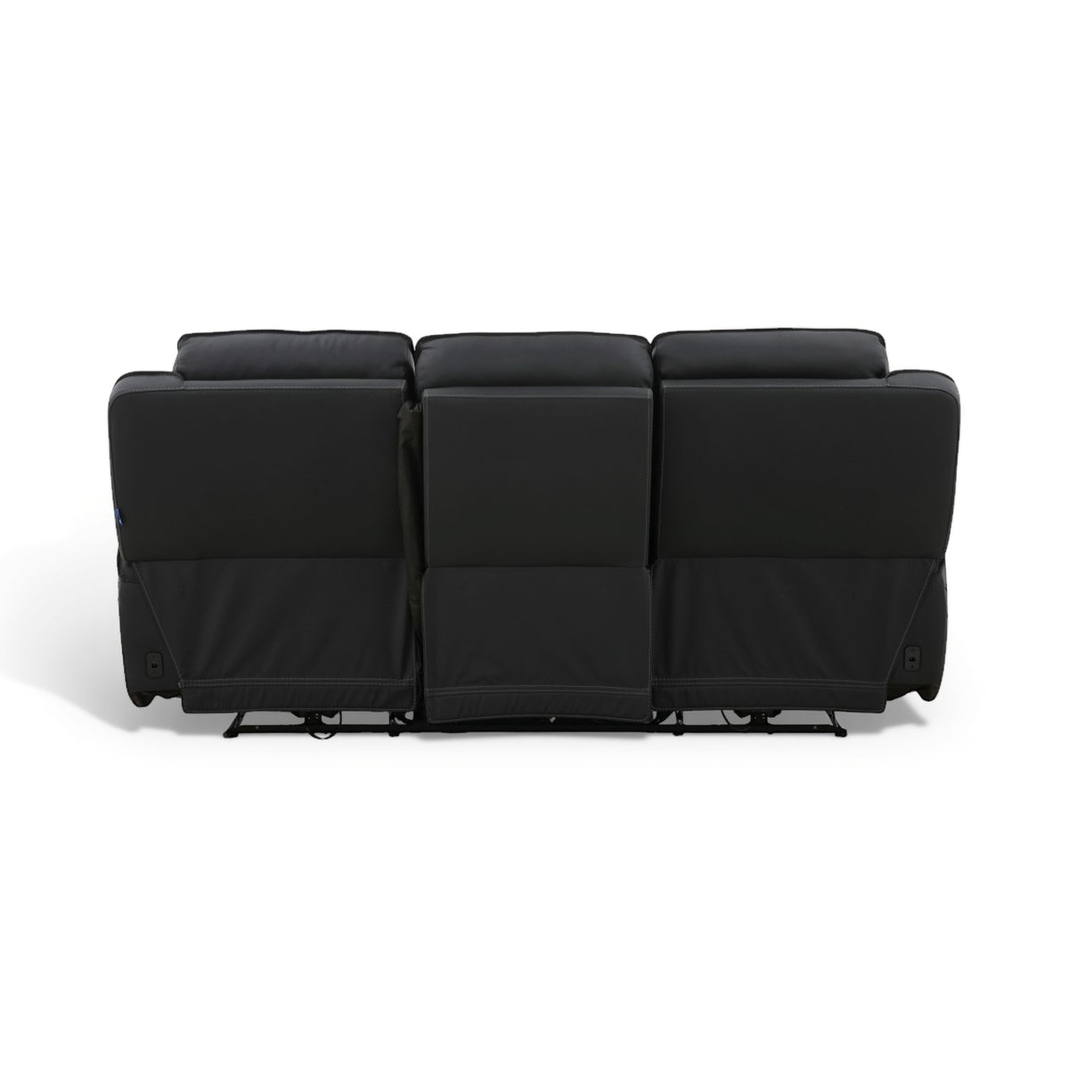 Black power reclining sofa from the back view, showing three reclining seat sections