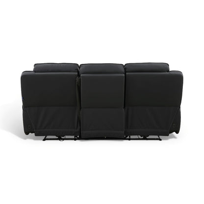 Black power reclining sofa from the back view, showing three reclining seat sections